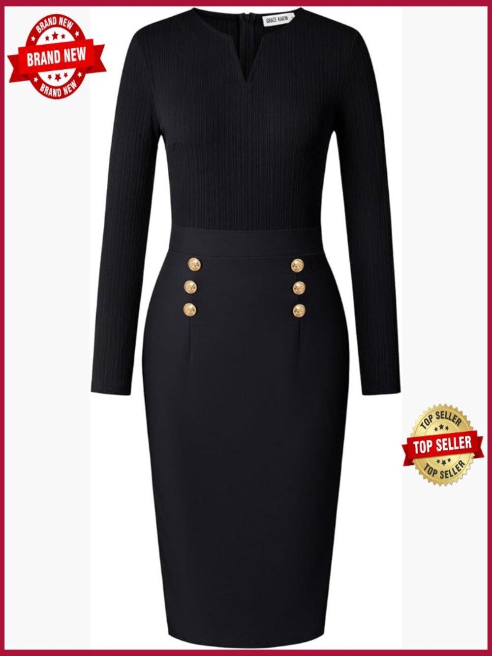 Long Sleeve V-Neck Bodycon Midi Sheath Dress with Belt - Work Office